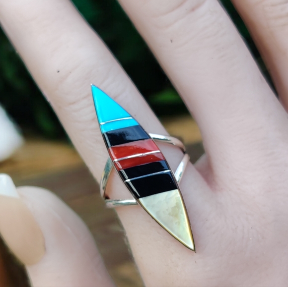 Antique Sterling Zuni signed turquoise coral onyx and mother of pearl ri… - Picture 3 of 10